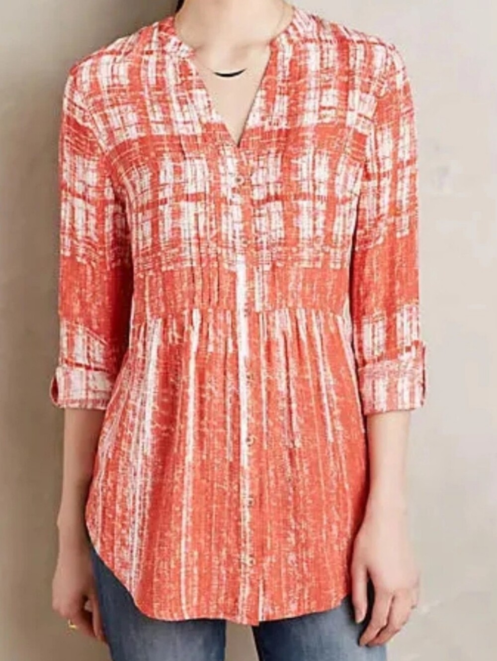 Maeve by Anthropologie Coral and White Button-Front Tunic